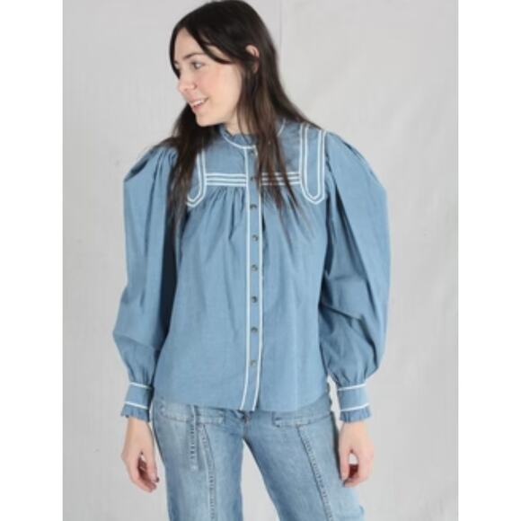 Ulla Johnson Abigail Chambray embroidered blue blouse size 8